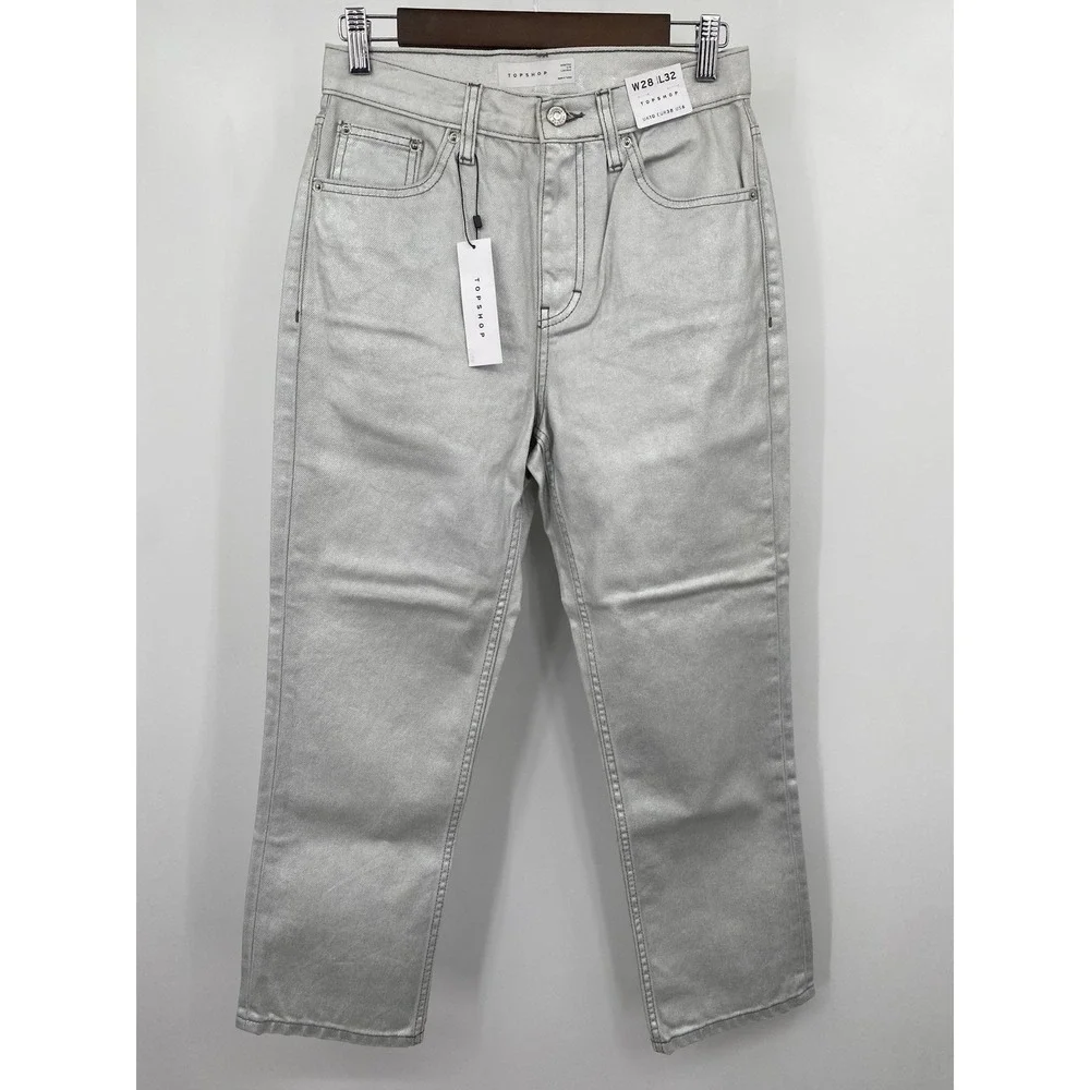 NWT Metallic silver‎ sparkly denim Top-shop straight jeans Size 28x32